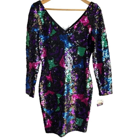 Vintage 80s Full Sequin Cocktail Party Dress Sz 10 M Rainbow Prom Grad Swiftie - Picture 2 of 10